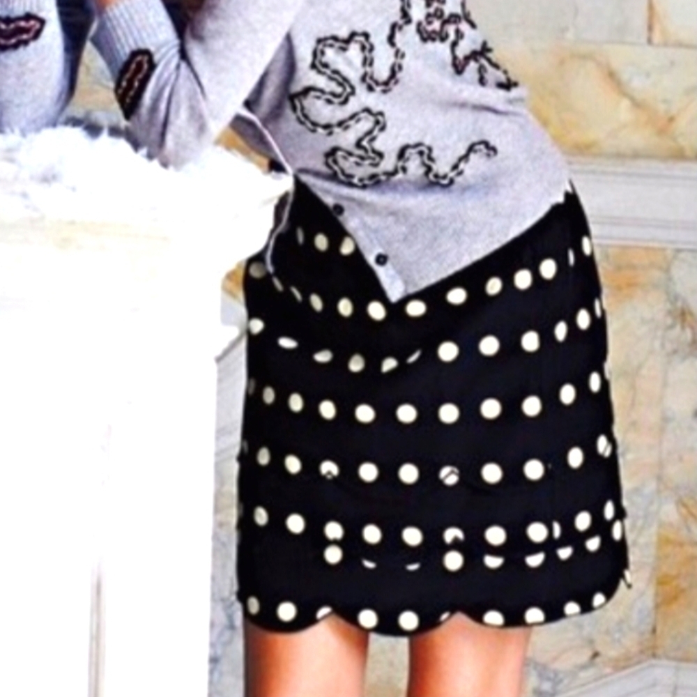 Anthropologie Floreat Black & Tan Silk Blend Polka Dot Scalloped Mini Skirt-2